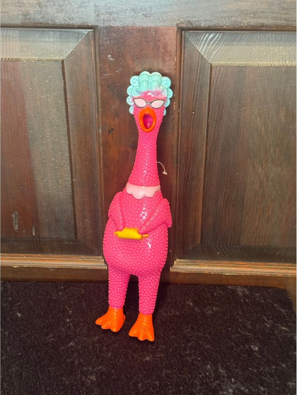 Vintage Style Pink Rubber Squeaky Toy Chicken with Blue Hair and Sunglasses